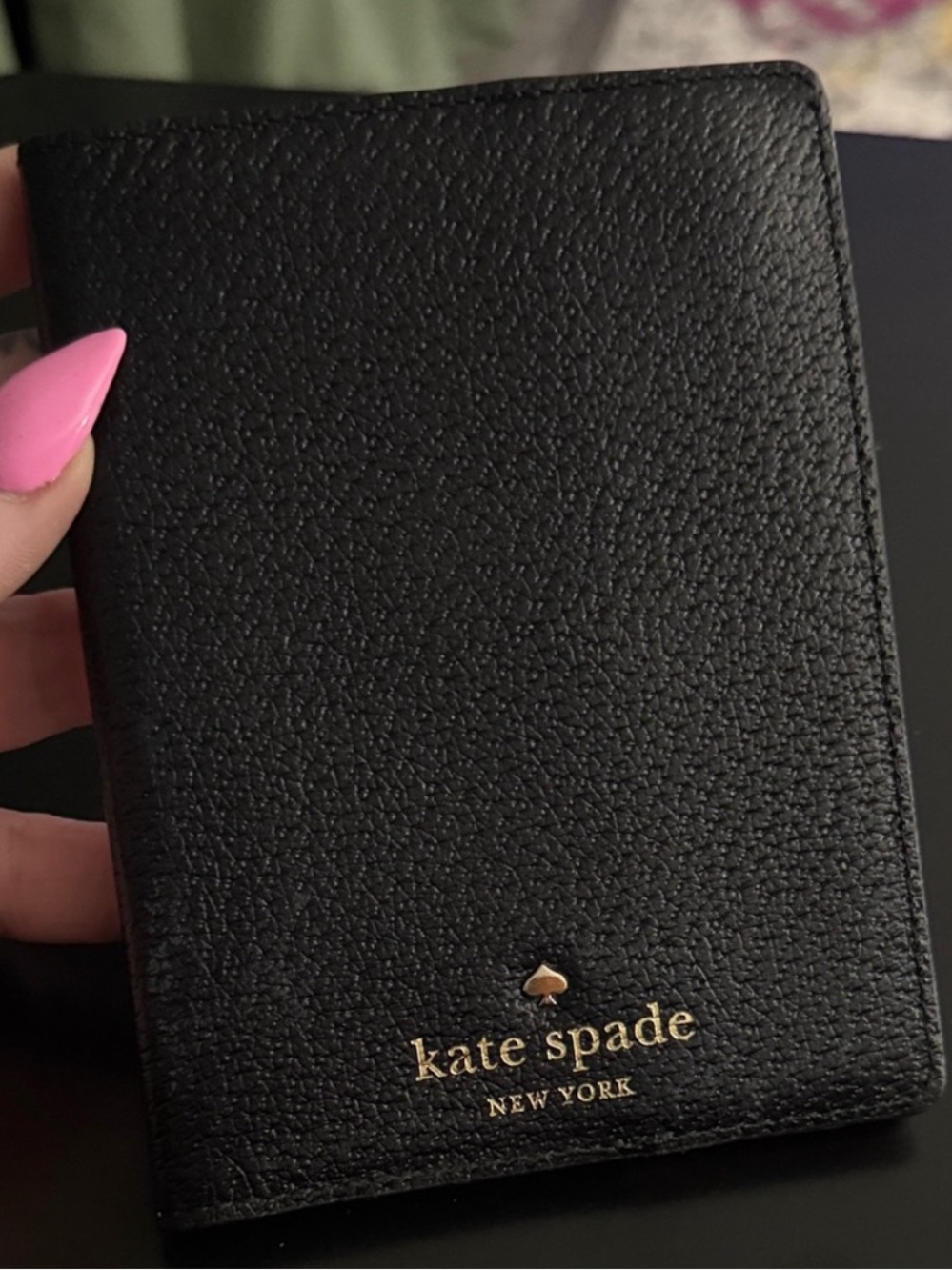 kate spade Black Pebbled Leather Passport Cover with Gold Logo